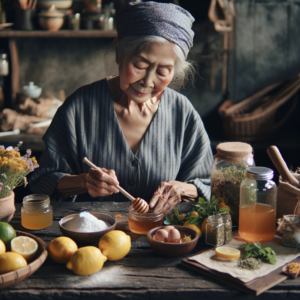 Une grand-mère préparant un remède naturel avec du miel et du citron dans une cuisine chaleureuse