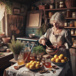 Une femme âgée préparant un remède naturel avec des herbes et du citron dans une cuisine rustique.