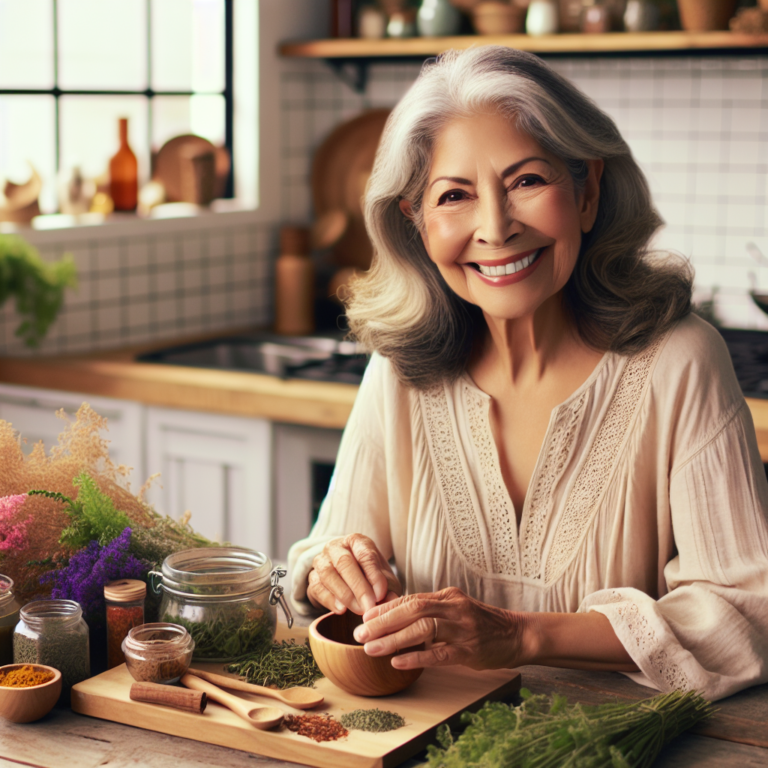 Une femme âgée préparant une infusion d'herbes dans une cuisine chaleureuse et accueillante.