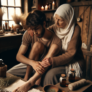Une grand-mère appliquant une compresse chaude sur la jambe d'une personne.