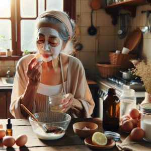 Une femme âgée appliquant un masque facial maison dans une cuisine.