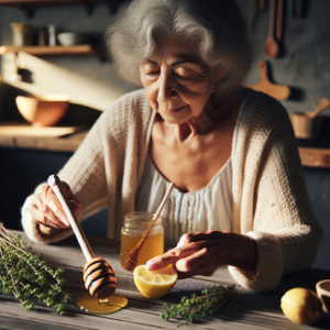 Grand-mère préparant un remède naturel pour la respiration sifflante avec du miel, du citron et du thym.
