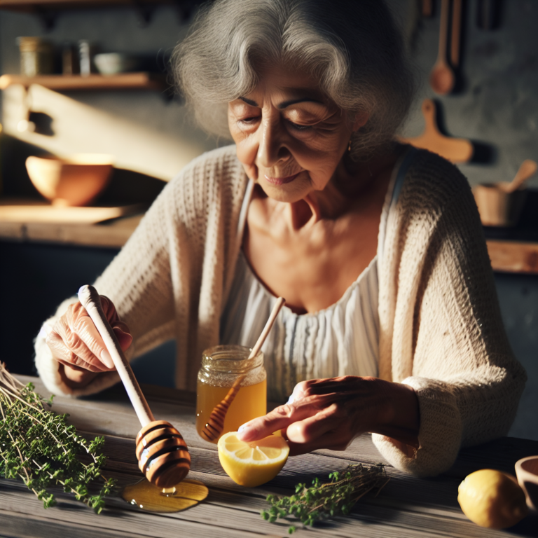 Grand-mère préparant un remède naturel pour la respiration sifflante avec du miel, du citron et du thym.
