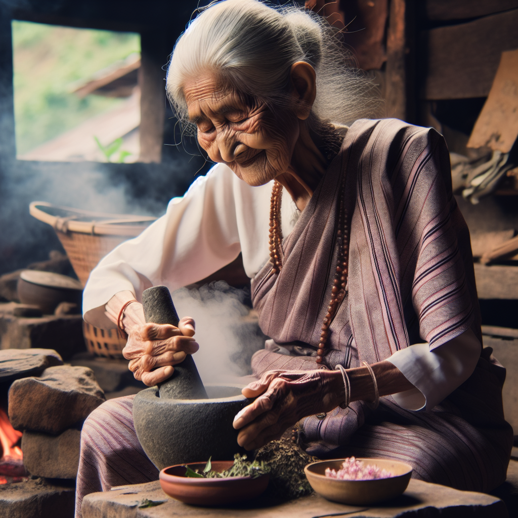 Une femme âgée utilisant des remèdes traditionnels pour soulager les douleurs cervicales.