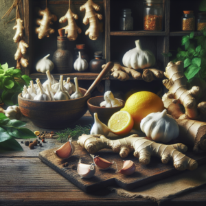 Remède naturel de grand-mère pour déboucher les artères avec ail, citron et gingembre en cuisine rustique