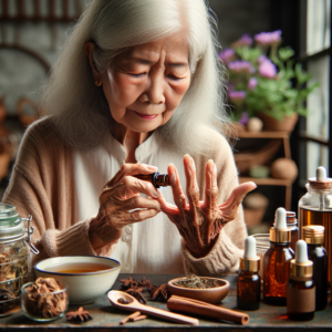Une femme âgée utilisant des remèdes de grand-mère pour soulager l'arthrose des doigts.