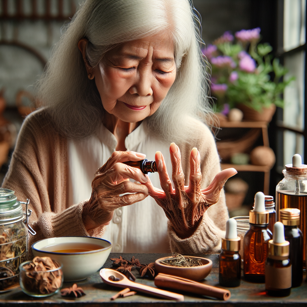 Une femme âgée utilisant des remèdes de grand-mère pour soulager l'arthrose des doigts.