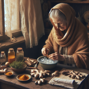 Grand-mère préparant des remèdes à base de gingembre, curcuma, argile et glace pour un genou gonflé.