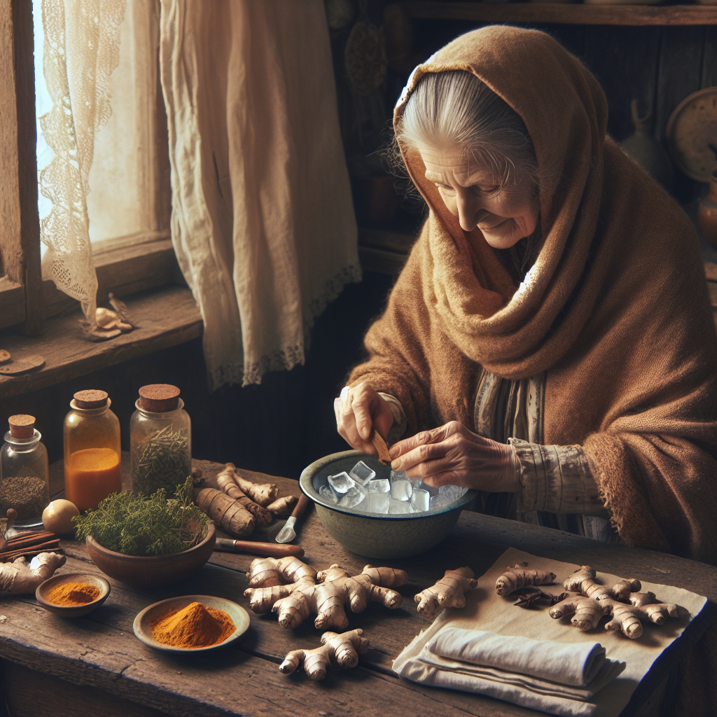 Grand-mère préparant des remèdes à base de gingembre, curcuma, argile et glace pour un genou gonflé.