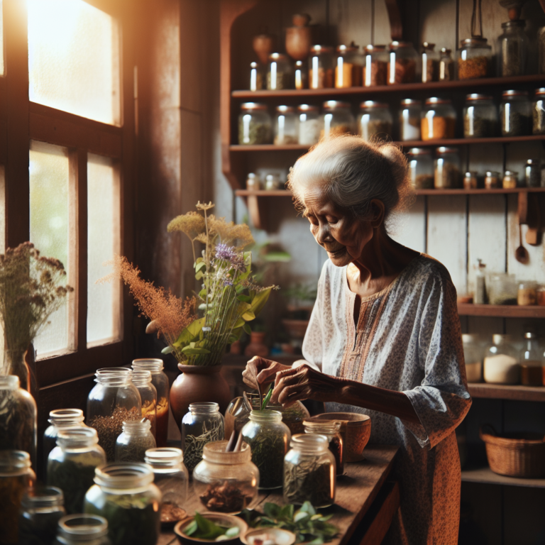 Une grand-mère préparant des remèdes maison pour la névralgie dans une cuisine chaleureuse