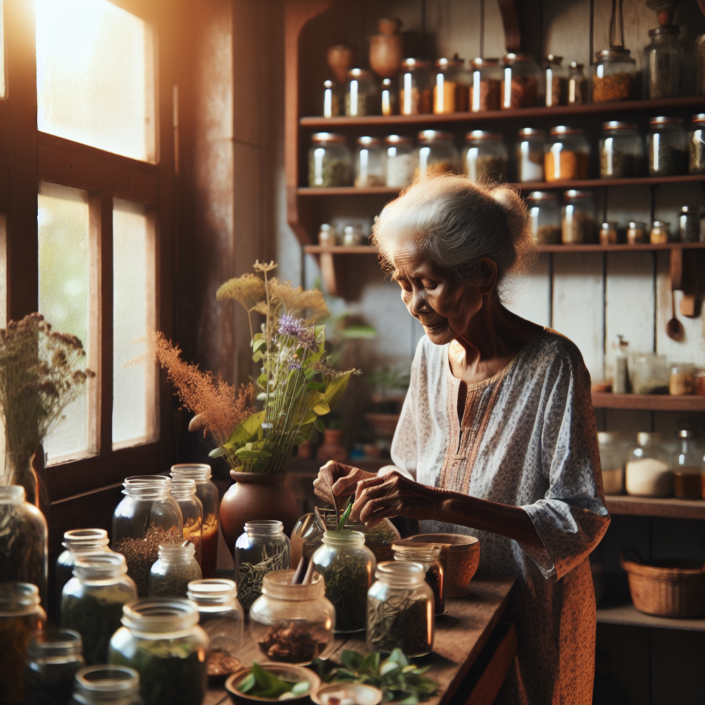 Une grand-mère préparant des remèdes maison pour la névralgie dans une cuisine chaleureuse