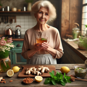 Une grand-mère tenant une tasse de thé au gingembre avec des ingrédients naturels sur la table
