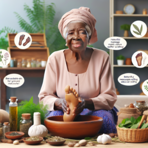 Une grand-mère conseillant des remèdes naturels pour les pieds gonflés avec des herbes, des bains de pieds et des massages.