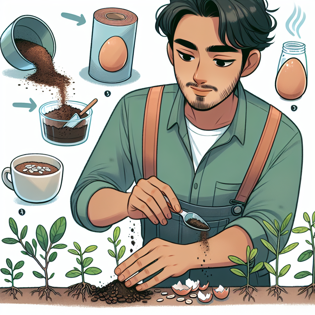 Un jardinier appliquant des remèdes naturels pour éloigner les limaces, y compris du marc de café, des coquilles d'œuf et du ruban de cuivre autour des plantes.