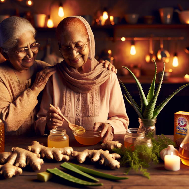 Grand-mère préparant des remèdes naturels contre le reflux acide dans une cuisine chaleureuse.