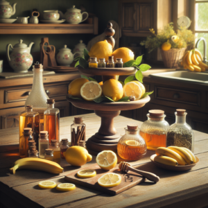 Une variété de remèdes naturels contre la rétention d'eau, incluant des tisanes, du citron, du vinaigre de cidre et des bananes, présentés sur une table rustique.