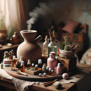 Remèdes faits maison pour soulager la sciatique sur une table avec une bouillotte, des huiles essentielles et des herbes.