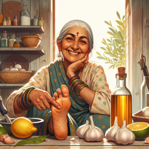 Une grand-mère souriante montrant des ingrédients naturels pour des remèdes contre les verrues plantaires.