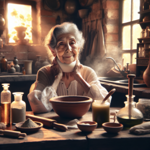 Une vieille femme appliquant une compresse chaude sur son cou avec des huiles essentielles et une tasse de tisane sur la table.