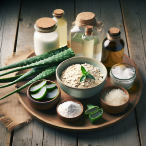 Divers remèdes de grand-mère naturels posés sur une table en bois pour soigner l'érythème fessier.