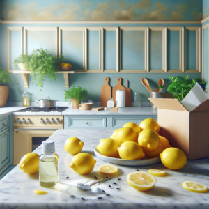 Utilisation de tranches de citron, bicarbonate de soude et huile essentielle de menthe poivrée comme répulsifs naturels contre les fourmis.