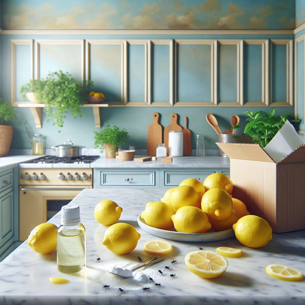 Utilisation de tranches de citron, bicarbonate de soude et huile essentielle de menthe poivrée comme répulsifs naturels contre les fourmis.