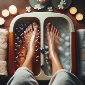 Pieds trempant dans un bain chaud et froid pour soulager la douleur