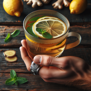 Une tasse de tisane pour nettoyer l'intestin préparée avec des rondelles de citron, du gingembre et des feuilles de menthe