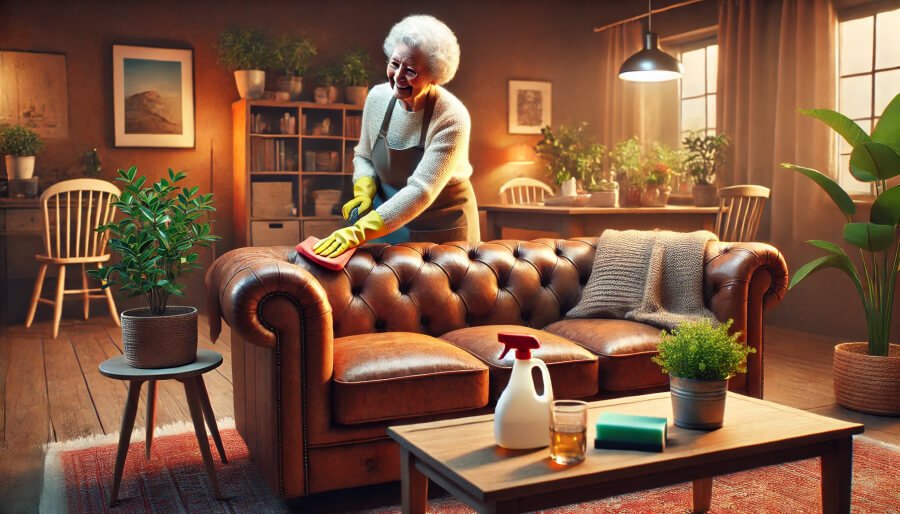 Une grand-mère entrain de nettoyer un canapé en cuir