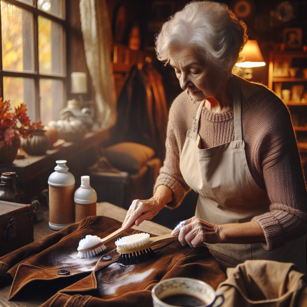 Une grand-mère nettoyant une veste en daim avec du bicarbonate de soude.