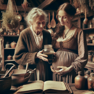 Une grand-mère montrant des remèdes à une femme enceinte.