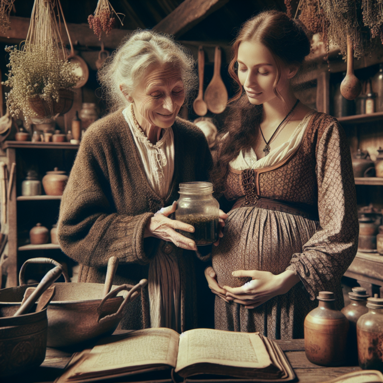 Une grand-mère montrant des remèdes à une femme enceinte.