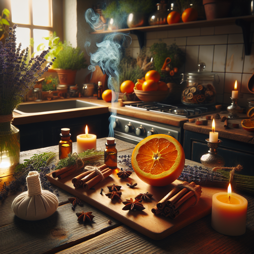 Une cuisine accueillante avec des oranges aux clous de girofle, des sachets de lavande, des bâtonnets de cannelle, des bougies faites maison et des diffuseurs d'huiles essentielles.