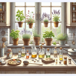 Cuisine lumineuse avec plantes en pot, remèdes naturels et piège à mouches fait maison