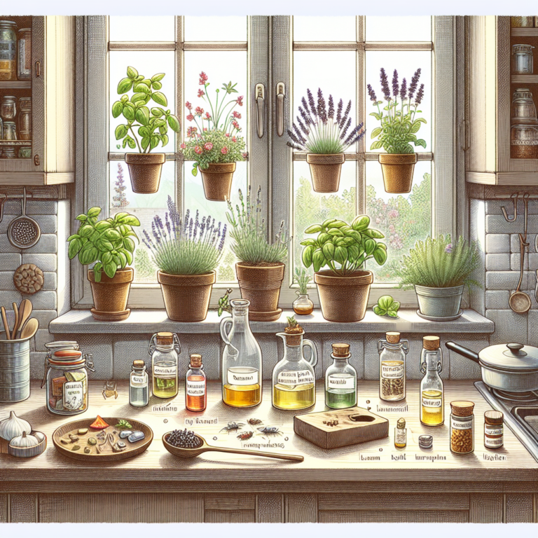 Cuisine lumineuse avec plantes en pot, remèdes naturels et piège à mouches fait maison