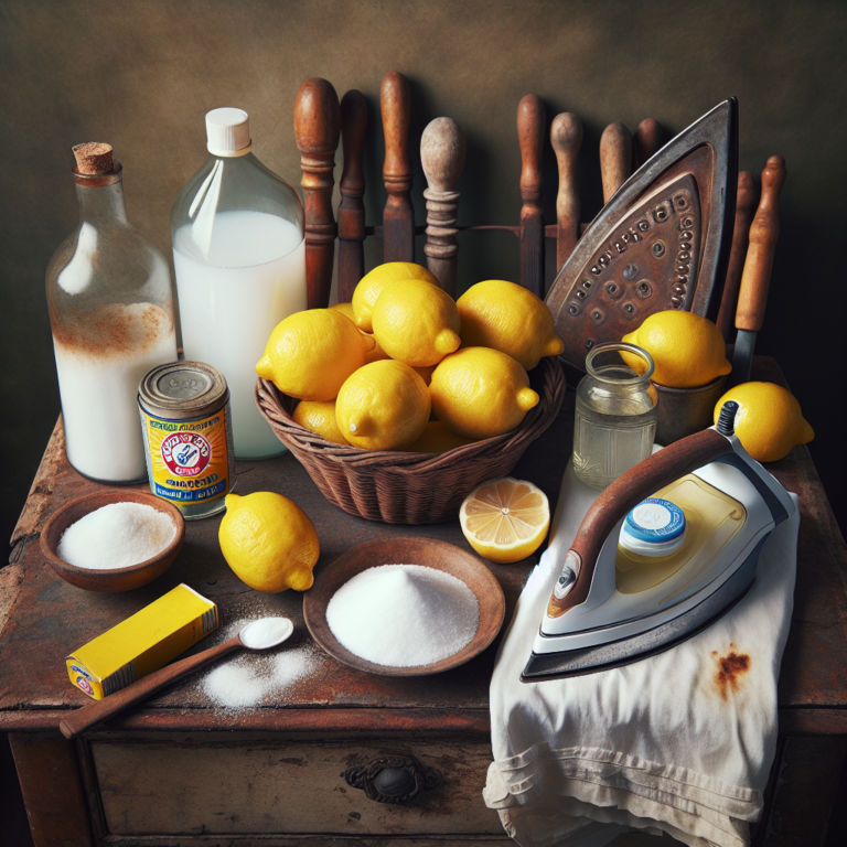 Une table ancienne avec citrons, sel, vinaigre blanc, bicarbonate de soude, dentifrice et un vêtement taché de rouille, illustrant des solutions de grand-mère.