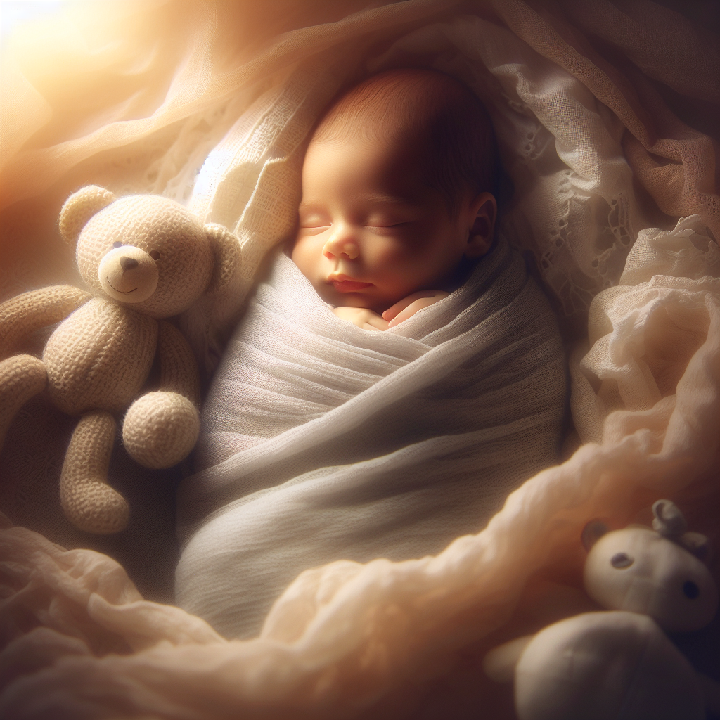 Un bébé dormant paisiblement avec des objets apaisants comme un jouet et une couverture en arrière-plan.