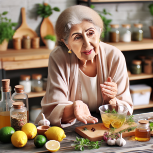 Une grand-mère partageant des conseils traditionnels de perte de poids dans une cuisine chaleureuse avec des ingrédients naturels comme des citrons, des herbes et du vinaigre.