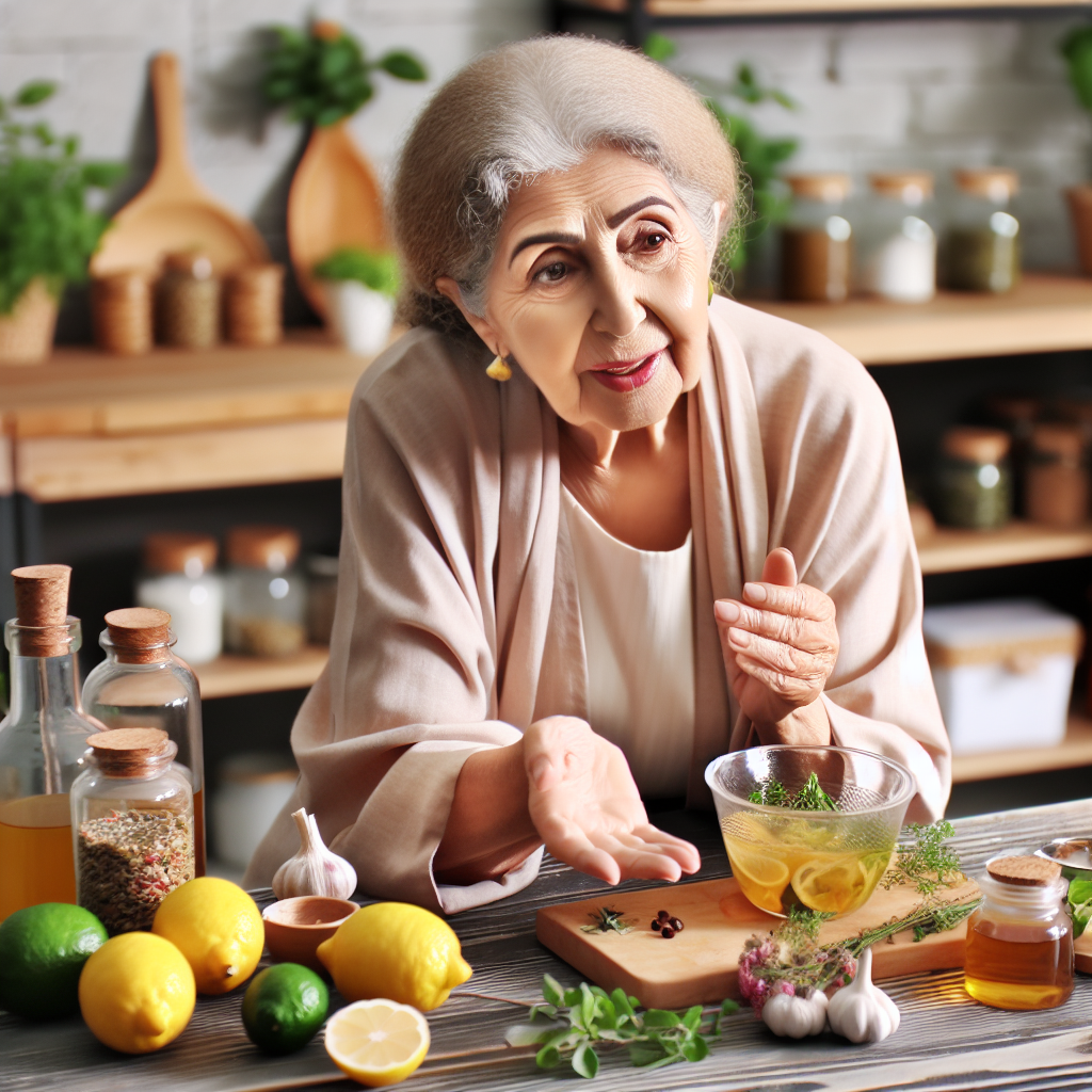 Une grand-mère partageant des conseils traditionnels de perte de poids dans une cuisine chaleureuse avec des ingrédients naturels comme des citrons, des herbes et du vinaigre.