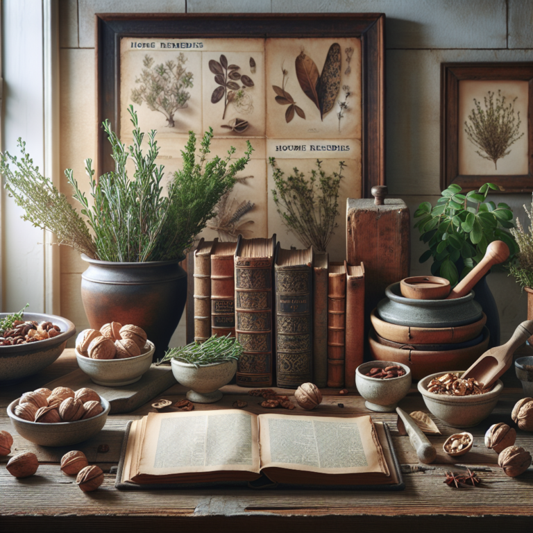 Table de cuisine confortable avec des herbes, des noix et un ancien livre de recettes traditionnelles.