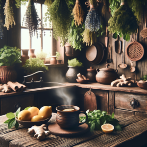 Une cuisine rustique avec des herbes suspendues, des citrons, du gingembre et une tasse de tisane sur une table en bois