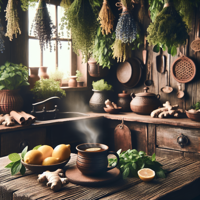 Une cuisine rustique avec des herbes suspendues, des citrons, du gingembre et une tasse de tisane sur une table en bois