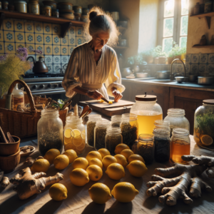 Cuisine traditionnelle de grand-mère avec des ingrédients naturels comme des citrons, du gingembre et des tisanes.