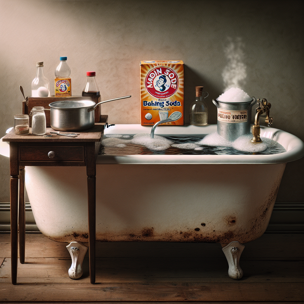 Une baignoire ancienne avec un drain bouché, accompagnée de bicarbonate de soude, de vinaigre blanc et d'eau bouillante.