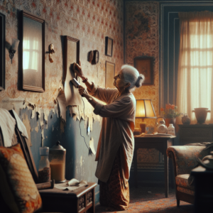 Une grand-mère décollant du papier peint avec des outils traditionnels dans une pièce au style vintage.