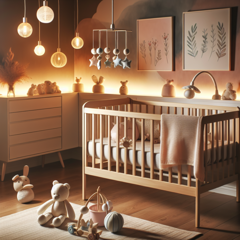 Une chambre d'enfant sereine avec un berceau, des lumières tamisées et des décorations apaisantes.