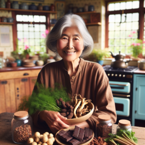 Une grand-mère souriante tenant un assortiment d'aliments et d'herbes aphrodisiaques naturels dans une cuisine traditionnelle et chaleureuse.