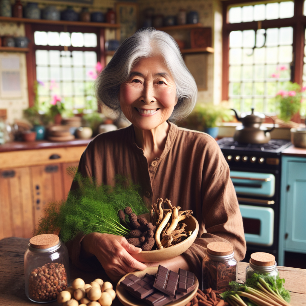 Une grand-mère souriante tenant un assortiment d'aliments et d'herbes aphrodisiaques naturels dans une cuisine traditionnelle et chaleureuse.