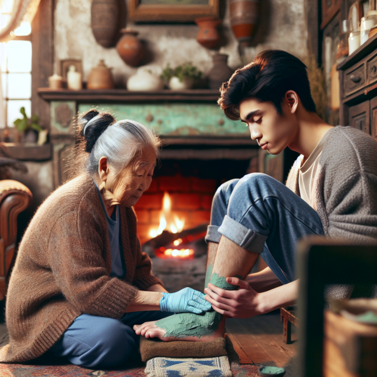 Une grand-mère appliquant un cataplasme d'argile verte sur une cheville