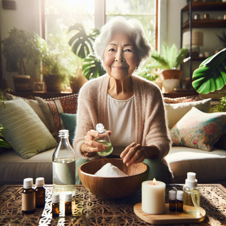 Une grand-mère avec du vinaigre et du bicarbonate de soude dans un salon lumineux.